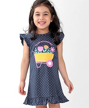 Babyhug Cotton Flutter Sleeves Nighty With Floral Print - Navy Blue
