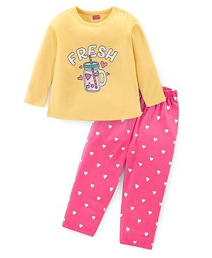Babyhug Cotton Knit Full Sleeves Night Suit with Text & Hearts Print - Yellow & Pink