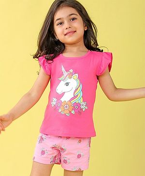 Babyhug Cotton Flutter Sleeves Night Suit With Unicorn And Floral  Print - Pink
