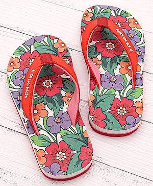 Pine Kids Slip On Flip Flops With Floral Print - Red