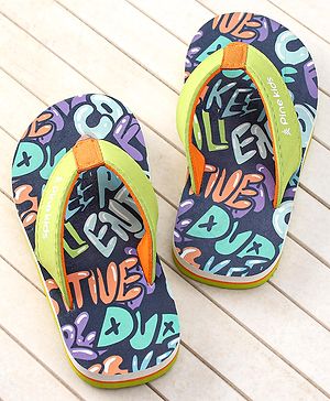 Pine Kids Slip On Flip Flops with Text Print - Navy Blue & Lime