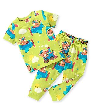 Babyhug Cotton Half Sleeves Night Suit With Vehicles Print - Green