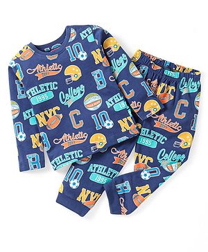 Babyhug Cotton Knit Full Sleeves Football Theme  Printed Night Suit - Blue