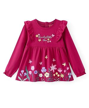 Babyhug Cotton Knit Full Sleeves Top with Floral Graphics &  Embroidery Detailing - Maroon