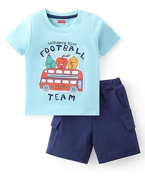 Babyhug Cotton Knit Half Sleeves  T-Shirt & Shorts Set With Bus Patch & Text Print - Blue