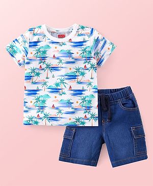 Babyhug Cotton Knit Half Sleeves T-Shirt & Denim Shorts Set With Beach Print - White & Blue