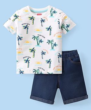 Babyhug Single Jersey Knit Half Sleeves T-Shirt & Denim Shorts Set With Beach Theme Print - White