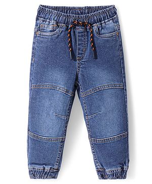 Babyhug Cotton Full Length Stretchable Denim Washed Joggers - Blue