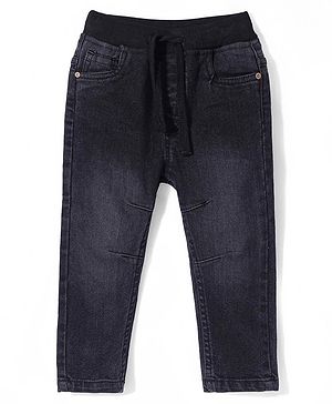 Babyhug Cotton Denim Full Length Washed Stretchable Solid Joggers - Black