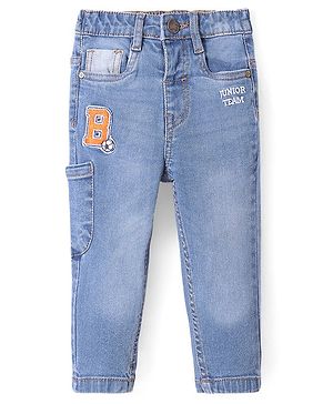 Babyhug Denim Full Length Stretch Washed Jeans With Alphabet Embroidered - Blue