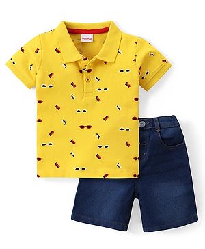 Babyhug Cotton Knit Half Sleeves Printed Polo T-Shirt & Denim Shorts Set - Yellow & Blue