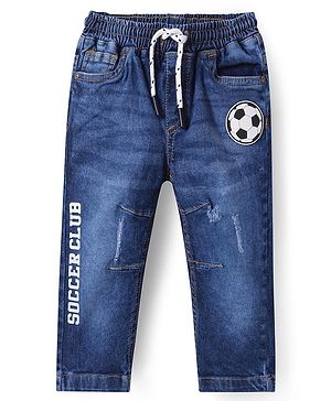 Babyhug  Denim Full Length Stretch Jeans with Football Patch - Navy Blue