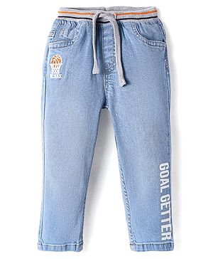 Babyhug Full Length Washed Denim Jeans With Text Print - Light Blue