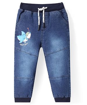 Babyhug Denim Full Length Washed Joggers with Stretch Shark Print - Navy