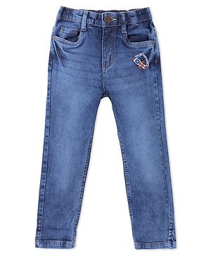 Babyhug Full Length Solid Denim Jeans With Rocket Embroidery - Blue