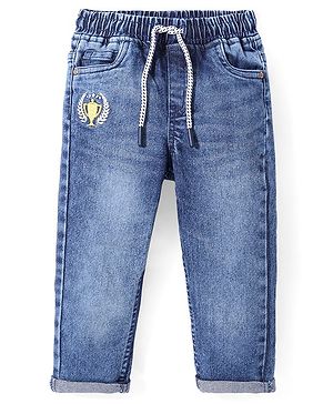 Babyhug Full Length Stretchable Denim Washed Jeans with Trophy Embroidery - Blue