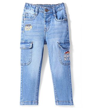 Babyhug Denim Stretchable Washed Full Length Jeans with Cargo Pockets & Text Embroidery- Blue