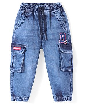 Babyhug Full Length Denim Joggers With Patch - Blue