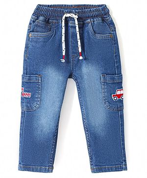 Babyhug Denim Washed Full Length Jeans with Stretch & Car Applique - Blue