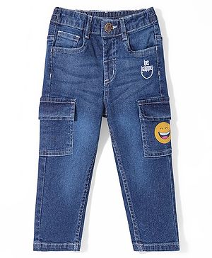 Babyhug Full Length Stretchable Denim Washed Jeans with Smiley Print - Blue