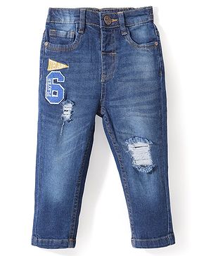 Babyhug Denim Full Length with Stretch Washed Distressed Jeans - Blue