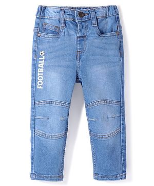 Babyhug Cotton Full Length Washed Denim Jeans with Stretch & Text Print - Blue