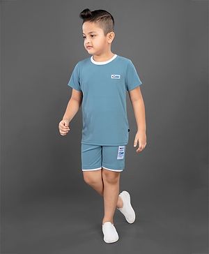3PIN Cotton Jersey Half Sleeves Placement Text Printed Tee & Shorts Set - Blue