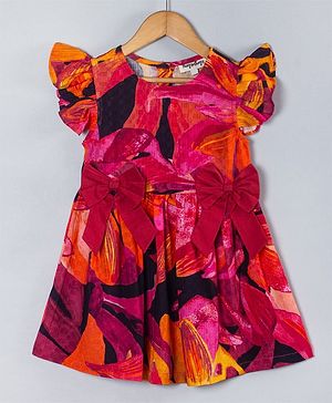 Hugsntugs Frill Sleeves Bow Detailed Abstract Printed Dress - Orange