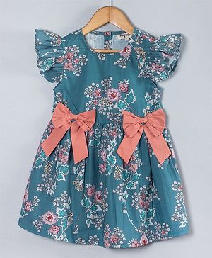 Hugsntugs Frill Sleeves Bow Detailed Abstract Printed Dress - Blue