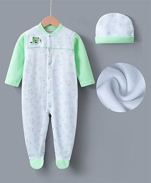 Kookie Kids Full Sleeves Winter Wear Romper & Cap with Teddy Bear Design - Green