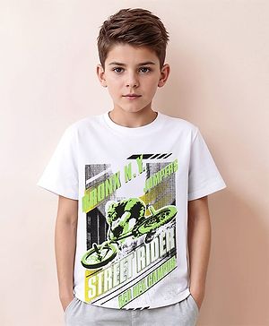 Pine Kids Cotton Knit Half Sleeves T-Shirt with Bicycle Graphics - White