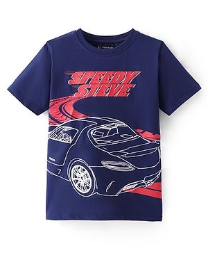 Pine Kids Cotton Knit Half Sleeves T-Shirt Car Print - Navy Blue