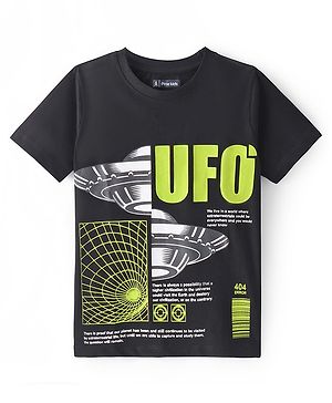 Pine Kids Cotton Knit Half Sleeves T-Shirt with UFO Print - Black