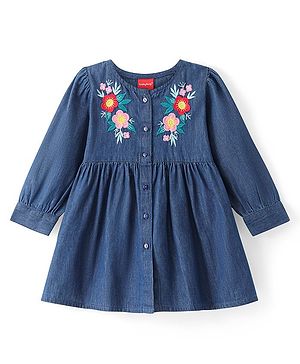 Babyhug Denim Woven Full Sleeves Frock With Floral Embroidery - Blue