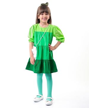 Babyhug Poplin Woven Three Fourth Sleeves Frock With Cut & Sew Design Sling Bag & Stockings - Green