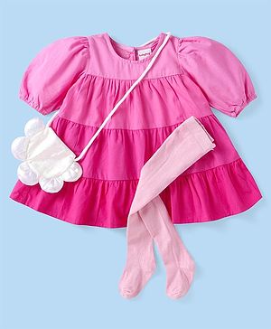 Babyhug Poplin Woven Half Volume Sleeves Frock With Sling & Legging - Pink