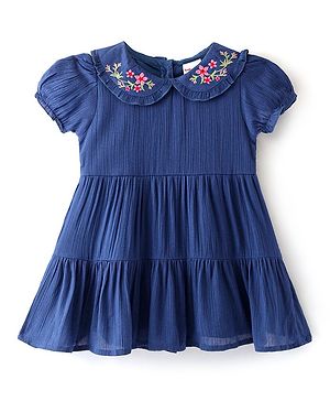 Babyhug Puff Sleeves Peter Pan Collar Frock with Floral Embroidered -  Navy Blue