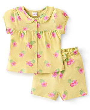Babyhug Cotton Single Jersey Knit Half Sleeves Shorts Night Suit Floral Print - Green