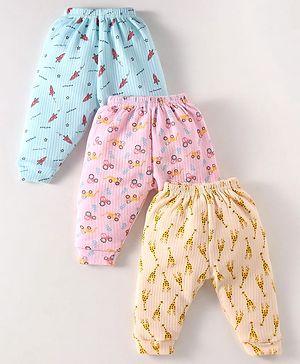 Bodycare Cotton Full Length Anti Bacterial Space Animal & Vehicle Theme Printed Thermal Pants Pack of 3 - Blue Pink & Yellow
