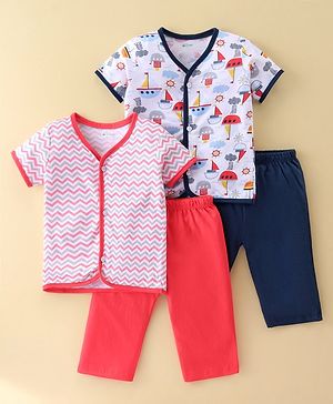 OHMS Single Jersey Knit Half Sleeves Night Suit With Zig Zag Pattern & Nautical Print Pack Of 2 - Red & Navy