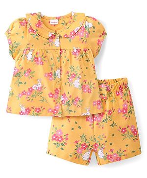 Babyhug Cotton Knit Single Jersey Puff Sleeves and Peter Pan Collar Front Open Short Night Suit  With Floral Print - Yellow