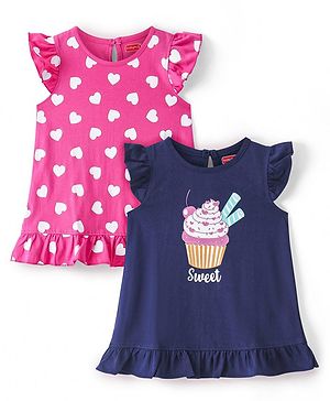 Babyhug Cotton Knit Flutter Sleeves Nighty With Heart & Cup Cake Print Pack of 2- Navy & Pink