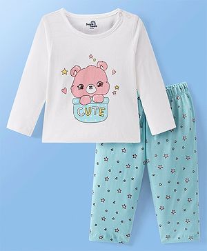 Doodle Poodle 100% Cotton Single Jersey Full Sleeves  Night Suit with Bear & Star Print - White & Blue