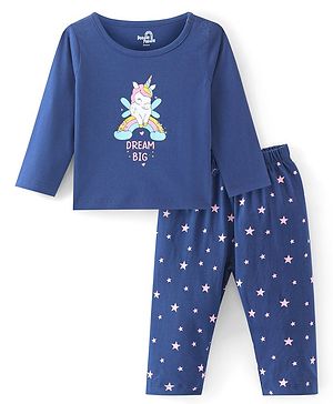 Doodle Poodle 100% Cotton Knit Full Sleeves Night Suit With Unicorn Print - Navy