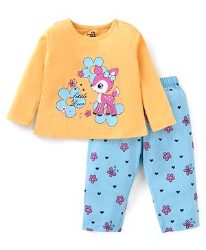 Doodle Poodle 100% Cotton Knit Full Sleeves Deer & Floral Printed Night Suit - Orange & Blue