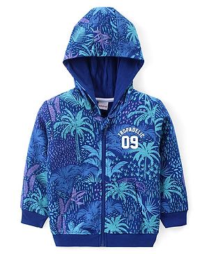 Babyhug Cotton Knit Full Sleeves Hooded Sweatjacket With Tropical Theme Print - Navy Blue