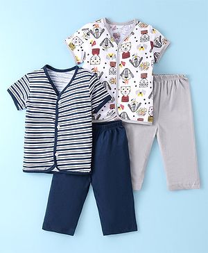 OHMS Single Jersey Knit Half Sleeves Night Suit With Stripes & Animals Print Pack Of 2 - White & Navy