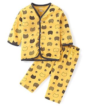 OHMS Single Jersey Knit Full Sleeves Night Suit with Paw Print - Yellow