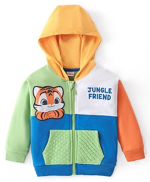 Babyhug Cotton Knit Full Sleeves Front Open Hooded Sweatjacket With Cut & Sew Design & Tiger Patch Detailing - Multicolour