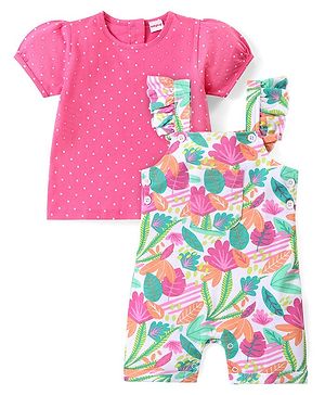 Babyhug Single Jersey Knit Dungaree with Frill Detailing & Half Sleeves T-Shirt Polka Dots & Leaves Print - Multicolour